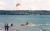 1993. The windsurfers will not cease being puzzled over the Legaignoux brothers' inventions. Here, during a test of the inflatable catamaran